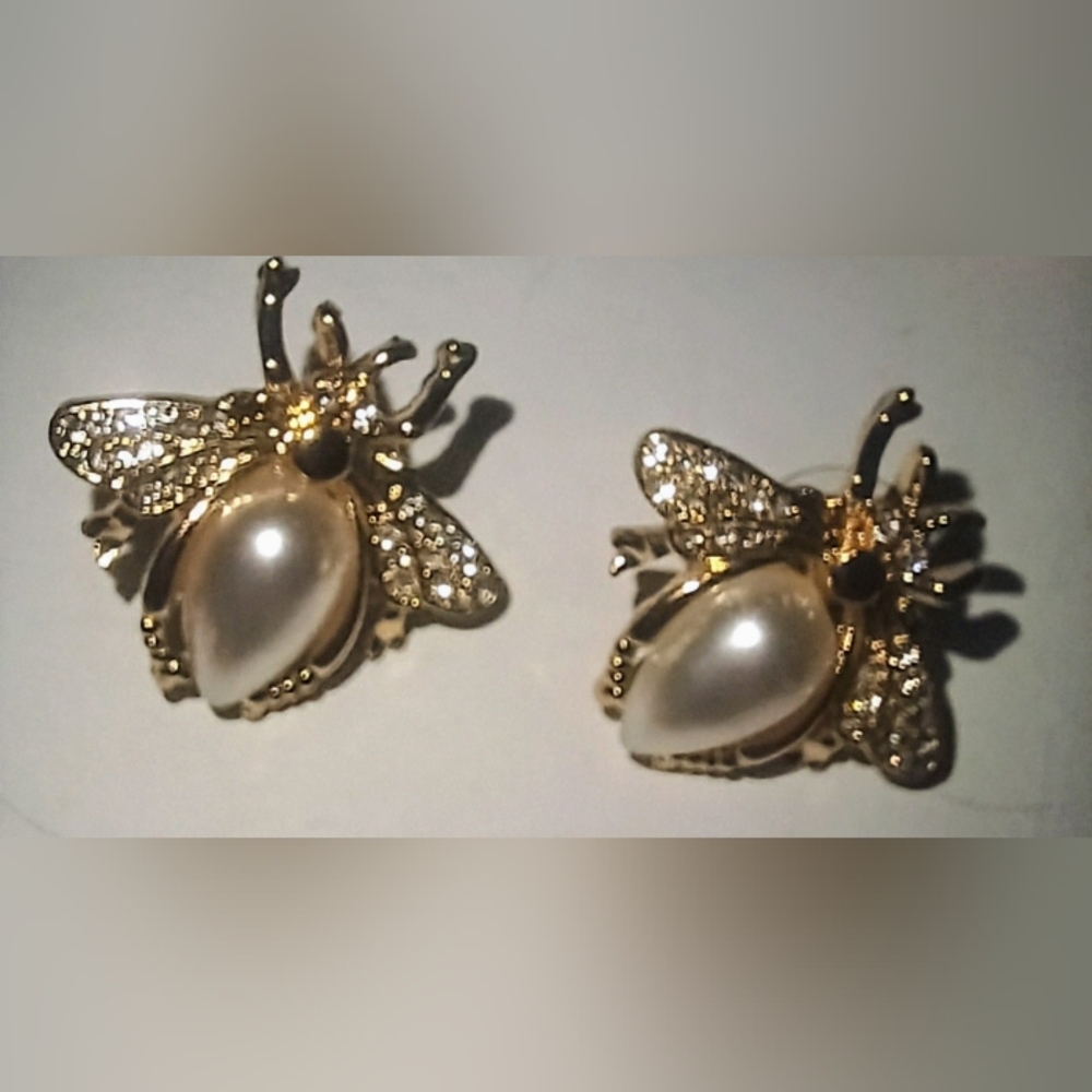 Gold and White Insect Earrings with Pearl Cabochon